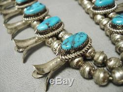 Amazing Vintage Navajo Blue Turquoise Sterling Silver Squash Blossom Necklace