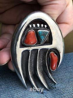 Amazing! Vintage Navajo Figural Paw Belt Buckle Sterling Silver Coral Turquoise