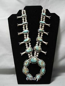 Amazing Vintage Navajo Royston Turquoise Sterling Silver Squash Blossom Necklace