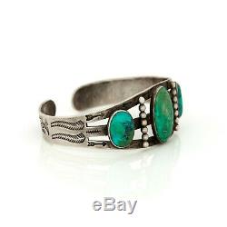Antique Vintage Native Navajo Pawn Sterling Coin Silver Turquoise Cuff Bracelet