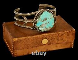 Antique Vintage Native Navajo Sterling Coin Silver Turquoise Mens Cuff Bracelet