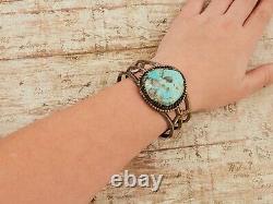 Antique Vintage Native Navajo Sterling Coin Silver Turquoise Mens Cuff Bracelet