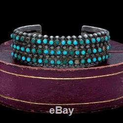 Antique Vintage Native Navajo Sterling Coin Silver Turquoise Row Cuff Bracelet