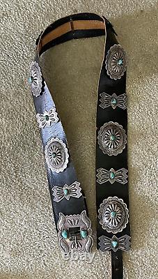 Antique/Vtg Navajo Concho Belt. Silver/Turquoise. Buckle+6 Conchos, 7 butterflies