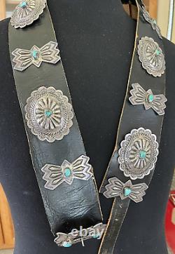 Antique/Vtg Navajo Concho Belt. Silver/Turquoise. Buckle+6 Conchos, 7 butterflies