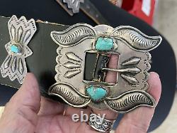 Antique/Vtg Navajo Concho Belt. Silver/Turquoise. Buckle+6 Conchos, 7 butterflies