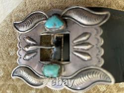 Antique/Vtg Navajo Concho Belt. Silver/Turquoise. Buckle+6 Conchos, 7 butterflies