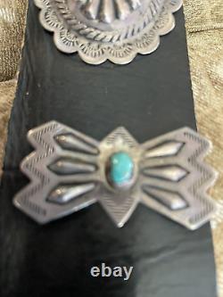 Antique/Vtg Navajo Concho Belt. Silver/Turquoise. Buckle+6 Conchos, 7 butterflies