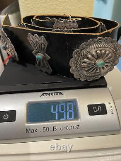 Antique/Vtg Navajo Concho Belt. Silver/Turquoise. Buckle+6 Conchos, 7 butterflies