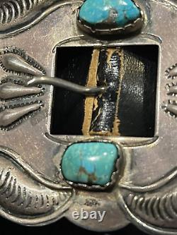 Antique/Vtg Navajo Concho Belt. Silver/Turquoise. Buckle+6 Conchos, 7 butterflies