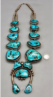 Antique/Vtg Very Large Navajo Squash Blossom Necklace. Silver/Turquoise