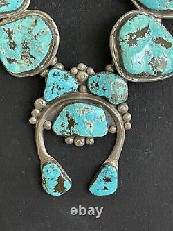 Antique/Vtg Very Large Navajo Squash Blossom Necklace. Silver/Turquoise