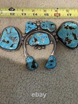 Antique/Vtg Very Large Navajo Squash Blossom Necklace. Silver/Turquoise