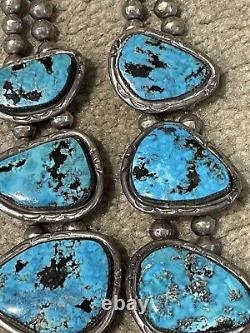 Antique/Vtg Very Large Navajo Squash Blossom Necklace. Silver/Turquoise