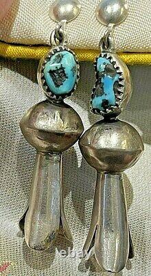 Antique or Vintage Navajo Screw-back Squash Blossom Earrings. Silver/Turquoise