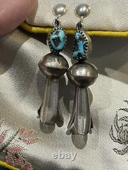 Antique or Vintage Navajo Screw-back Squash Blossom Earrings. Silver/Turquoise