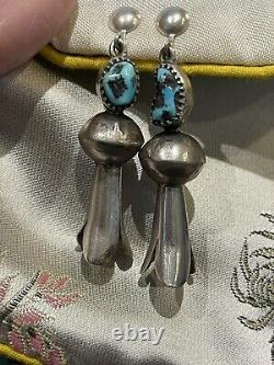 Antique or Vintage Navajo Screw-back Squash Blossom Earrings. Silver/Turquoise