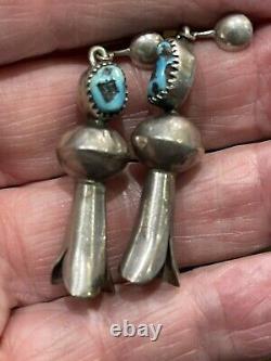 Antique or Vintage Navajo Screw-back Squash Blossom Earrings. Silver/Turquoise