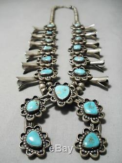 Authentic Vintage Navajo Huge Turquoise Sterling Silver Squash Blossom Necklace