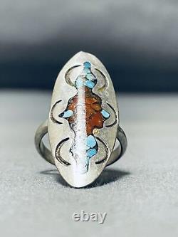 Authentic Vintage Navajo Turquoise Coral Inlay Sterling Silver Ring Old