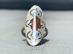 Authentic Vintage Navajo Turquoise Coral Inlay Sterling Silver Ring Old