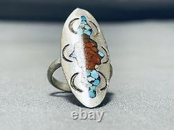 Authentic Vintage Navajo Turquoise Coral Inlay Sterling Silver Ring Old