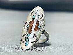 Authentic Vintage Navajo Turquoise Coral Inlay Sterling Silver Ring Old