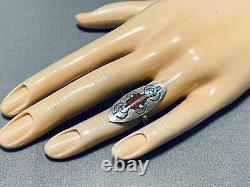 Authentic Vintage Navajo Turquoise Coral Inlay Sterling Silver Ring Old