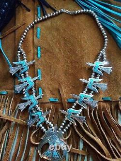 Authentic Vintage Navajo Turquoise Coral Sterling Silver Squash Blossom Necklace