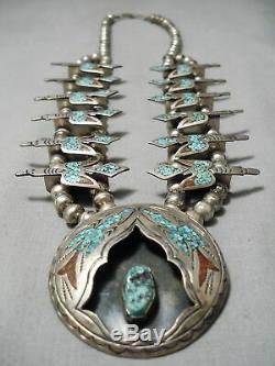 Authentic Vintage Navajo Turquoise Coral Sterling Silver Squash Blossom Necklace