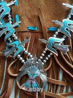 Authentic Vintage Navajo Turquoise Coral Sterling Silver Squash Blossom Necklace