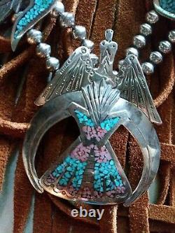 Authentic Vintage Navajo Turquoise Coral Sterling Silver Squash Blossom Necklace