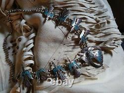 Authentic Vintage Navajo Turquoise Coral Sterling Silver Squash Blossom Necklace