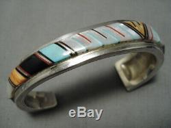 Authentic Vintage Navajo Turquoise Inlay Sterling Silver Bracelet Old