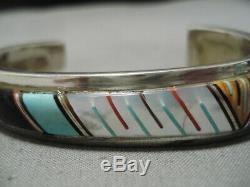 Authentic Vintage Navajo Turquoise Inlay Sterling Silver Bracelet Old