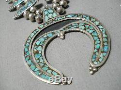 Authentic Vintage Navajo Turquoise Inlay Sterling Silver Squash Blossom Necklace