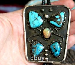 BIG Vintage 4-STONE TURQUOISE + OPAL bolo pendant butterfly Navajo Zuni signed