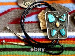 BIG Vintage 4-STONE TURQUOISE + OPAL bolo pendant butterfly Navajo Zuni signed