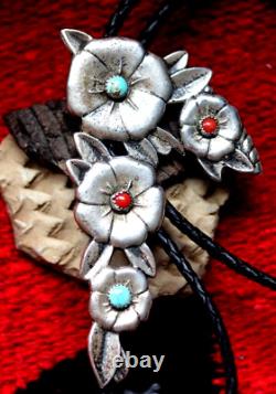 BIG vintage CAST STERLING FLOWER BLOSSOM BOLO turquoise coral Navajo 4x3 69g