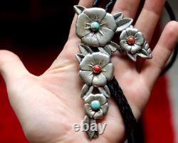BIG vintage CAST STERLING FLOWER BLOSSOM BOLO turquoise coral Navajo 4x3 69g