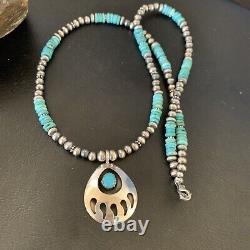BearPaw Mens Navajo Pearl Sterling Silver Blue Turquoise Necklace Pendant 12550