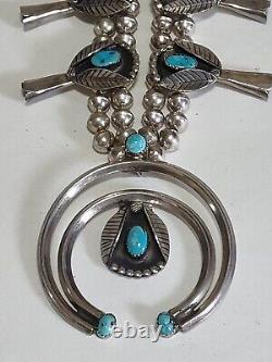 Beautiful Vintage Navajo Blue Turquoise Sterling Squash Blossom Necklace D1