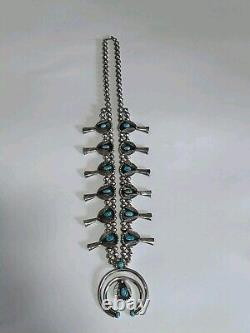 Beautiful Vintage Navajo Blue Turquoise Sterling Squash Blossom Necklace D1