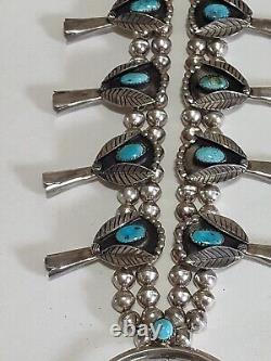 Beautiful Vintage Navajo Blue Turquoise Sterling Squash Blossom Necklace D1