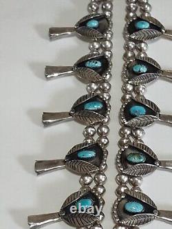 Beautiful Vintage Navajo Blue Turquoise Sterling Squash Blossom Necklace D1