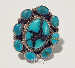 Beautiful Vintage Navajo Cluster Ring Turquoise Sterling Silver Signed Blue