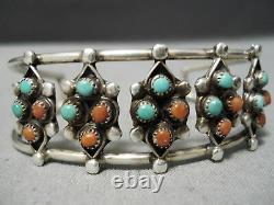 Beautiful Vintage Navajo Snake Eyes Coral Turquoise Sterling Silver Bracelet Old