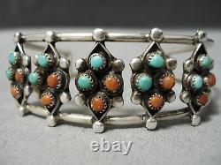 Beautiful Vintage Navajo Snake Eyes Coral Turquoise Sterling Silver Bracelet Old