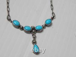 Beautiful Vintage Navajo Sterling Silver Turquoise Necklace On Hand Made Chain