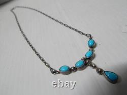 Beautiful Vintage Navajo Sterling Silver Turquoise Necklace On Hand Made Chain